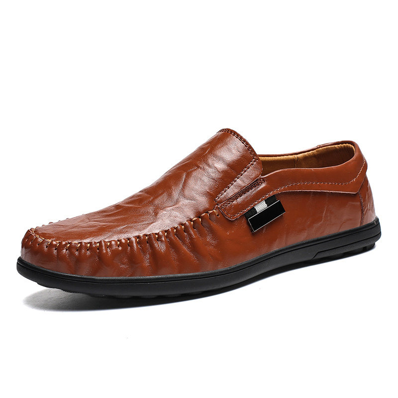 

Men Stitching Moc Toe Soft Sole Slip On Casual Leather Loafers, Black;yellow brown;red brown
