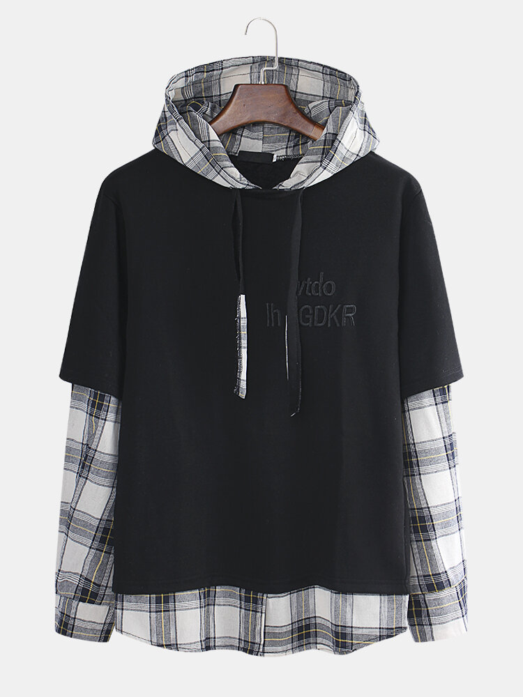 Mens Cool Patchwork Plaid Solid Color Drawstring Hoodies