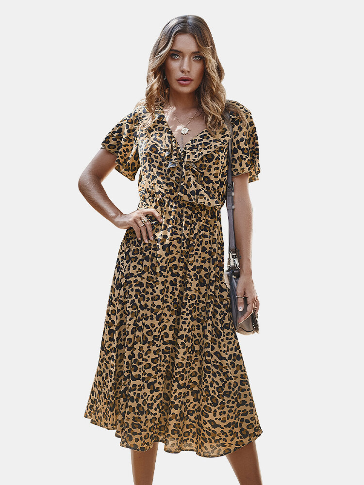 Flounces Leopard Print Short Sleeve Dress For Women