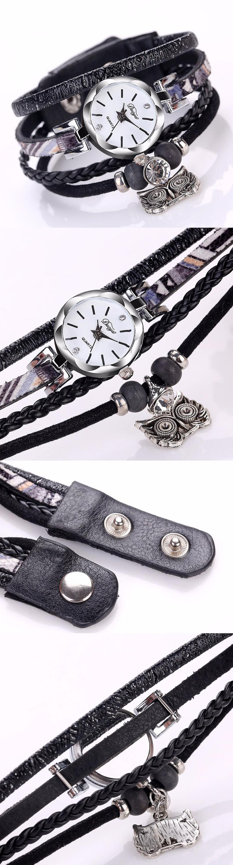 Bohemian Style Cute Owl Pendant Leather Bracelet Watch Trendy Multilayer Wrist Watches for Women