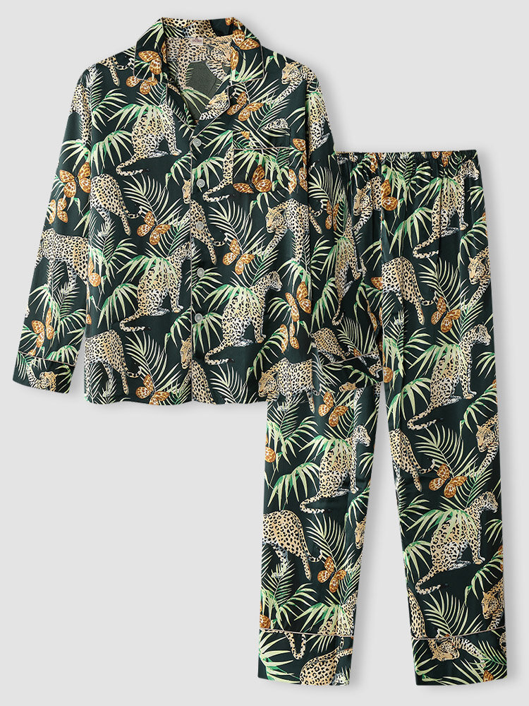 Men Faux Silk Leopard & Leaves Print Buttons Up Home Pajama Sets