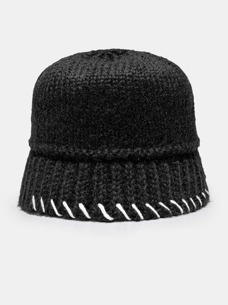 Unisex Cotton Knitted Color Contrast Woven Brim All-match Warmth Bucket Hat