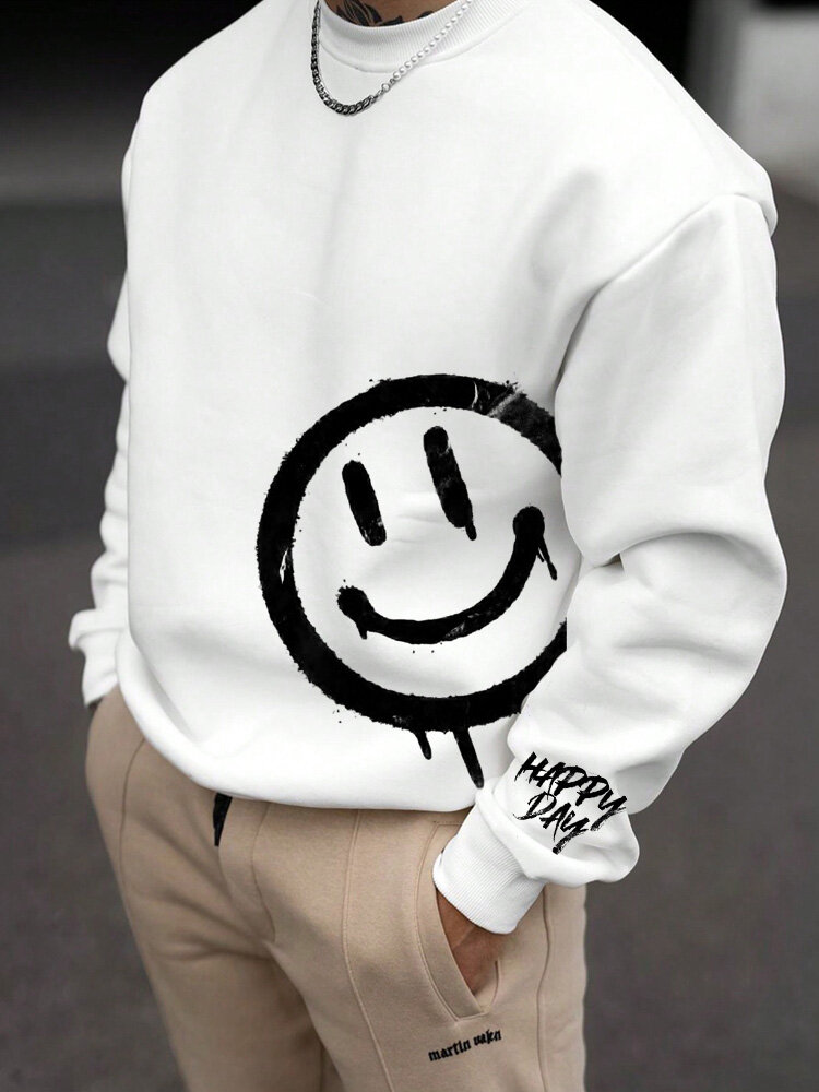 Mens Smile Side Print Crew Neck Casual Pullover Sweatshirts Winter