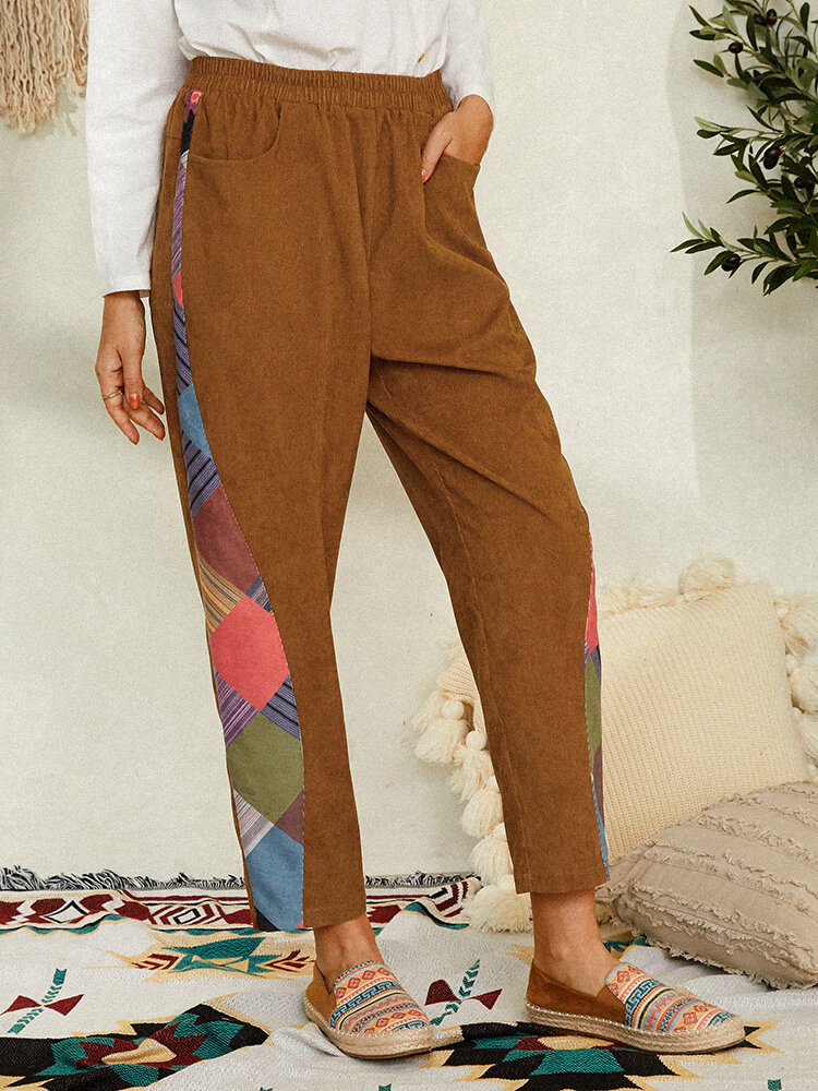 Solid Color Patchwork Pocket Elastic Waist Casual Pant for Women