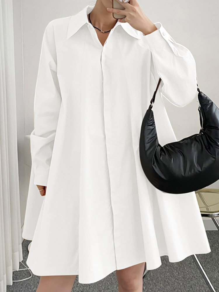 Solid Long Sleeve Lapel Button Front Casual Shirt Dress