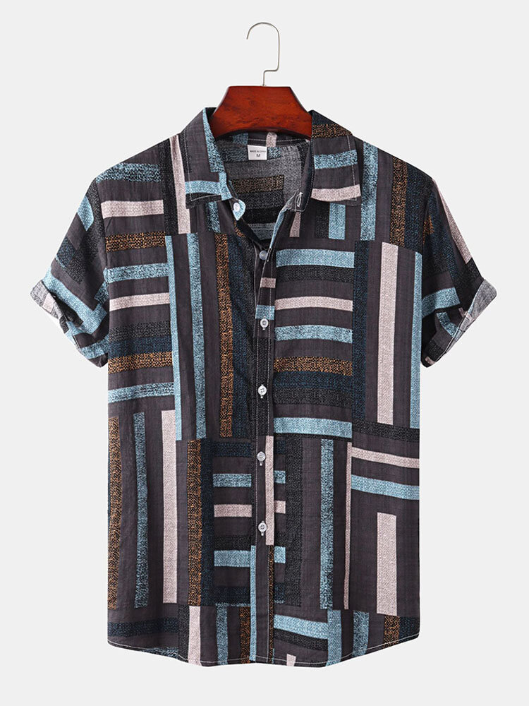 Mens Striped Color Block Lapel Short Sleeve Regular Hem Shirt