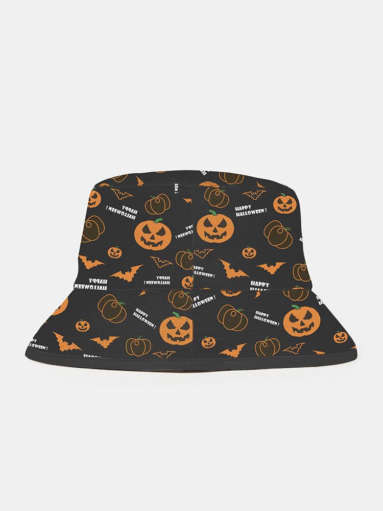 Halloween Unisex Polyester Cotton Overlay Pumpkin Bats Letters Print Fashion Sunshade Bucket Hat
