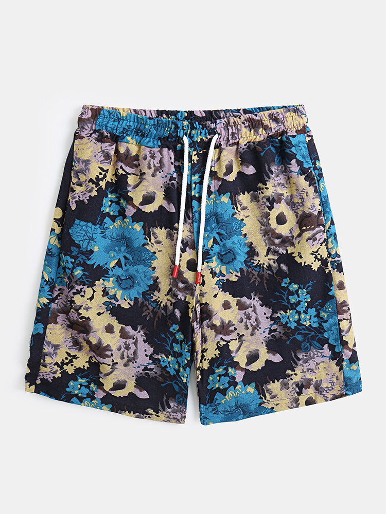 Men Art Style Floral Graphic Drawstring Moisture Wicking Mid Length Board Shorts