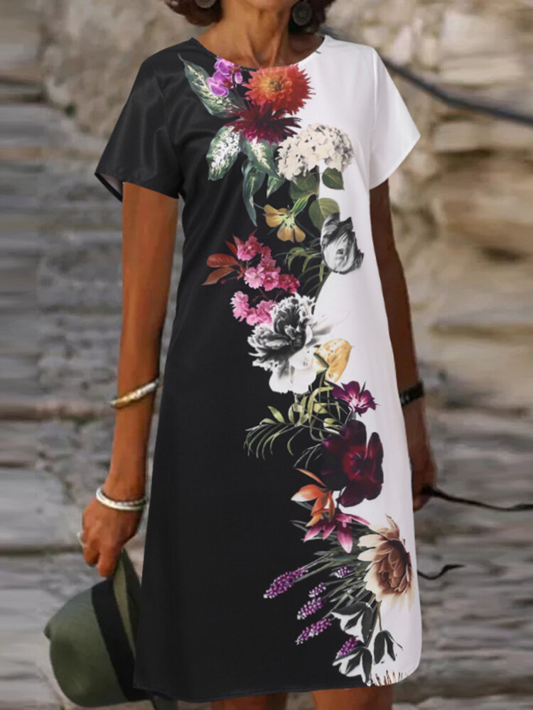 

Women Floral Abstract Print Crew Neck Short Sleeve Dress, Black1;white;black