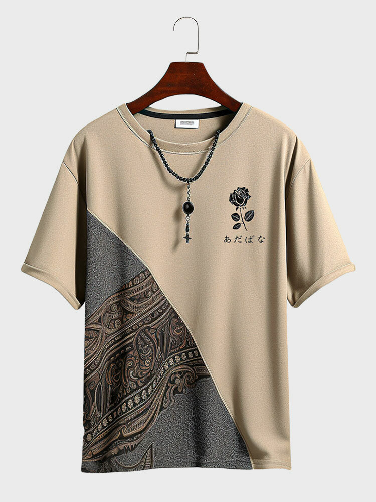 Herren-Patchwork-T-Shirts mit Ethno-Totem-Rose und japanischem Aufdruck, kurzärmelig