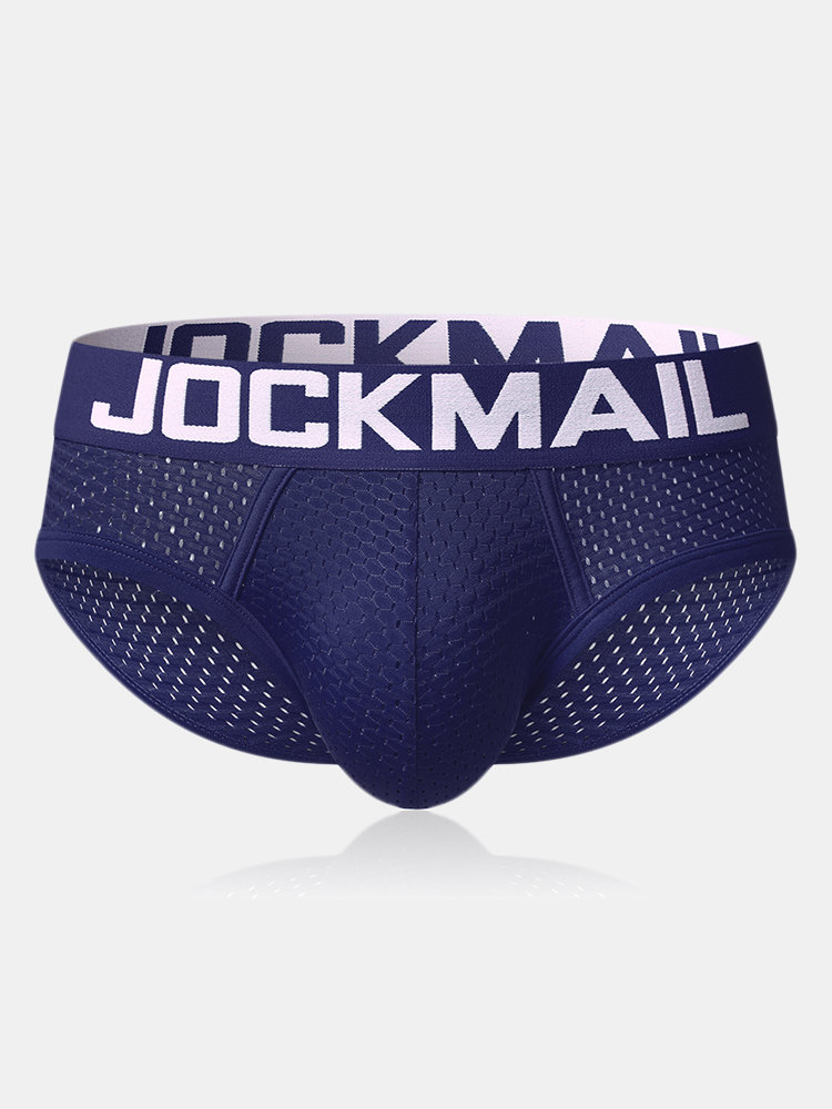 

Men Printing Waistband Stitching Mesh Breathable Brief Comfy Cotton Bottom Crotch Lining Underwear, Blue;red;black;white