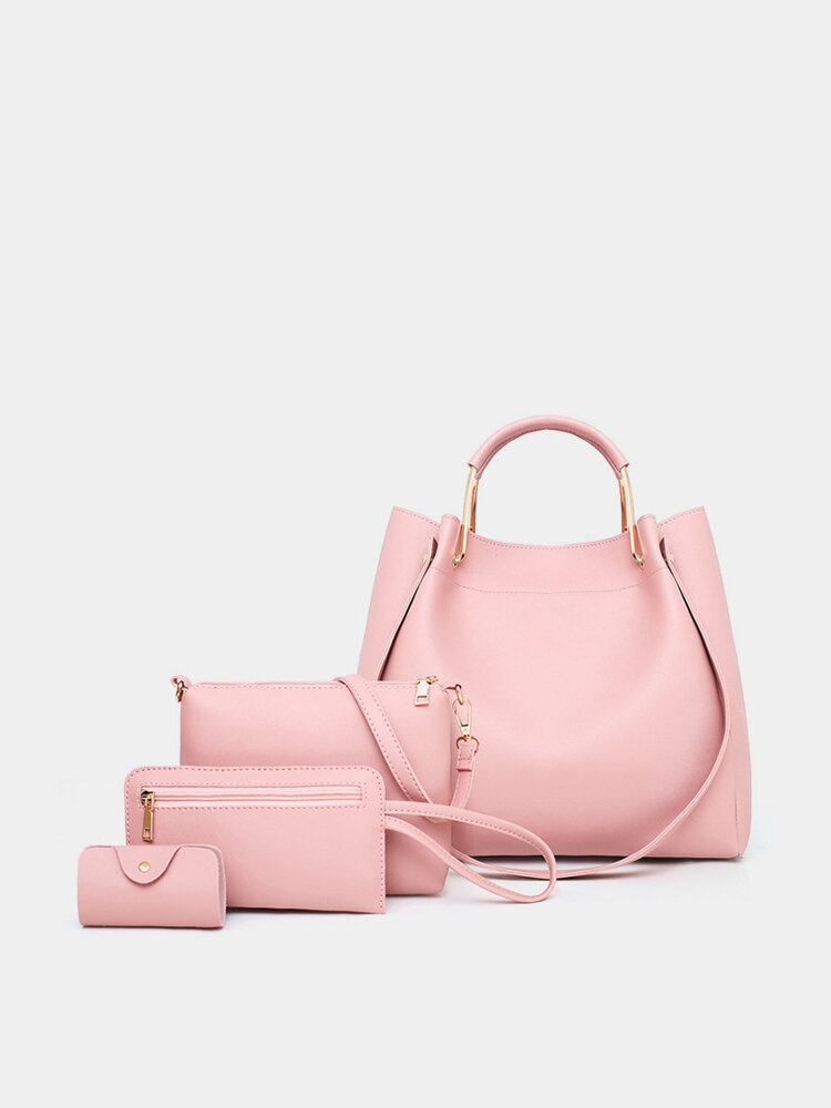 Women Plain Faux Leather Four-piece Set Handbag Shoulder Bag Clutch Bag