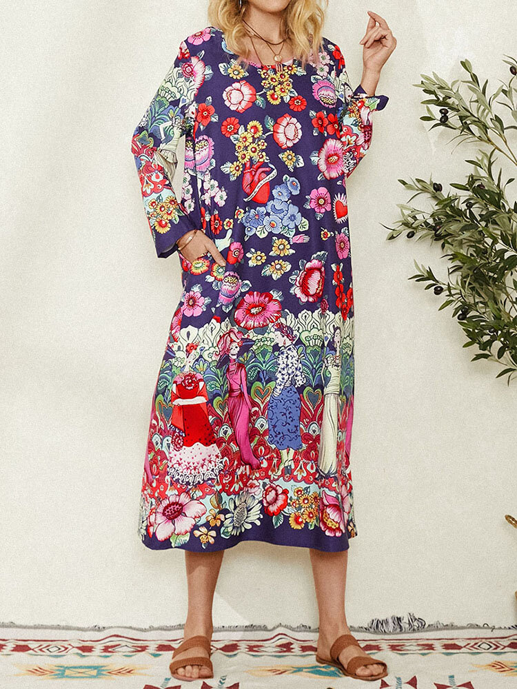 Vintage Bohemia Floral Print Pocket Long Sleeve Casual Midi Dress