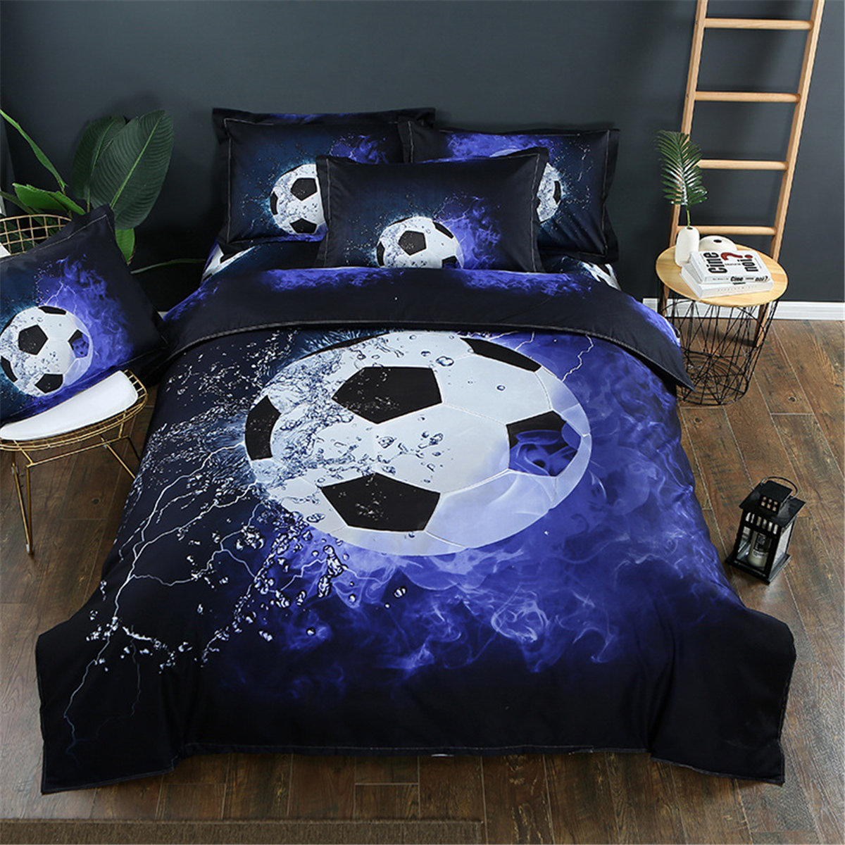 3pcs Football Doona Quilt Cover Bed Set Pillowcases Soccer Blue Flame Duvet Cover