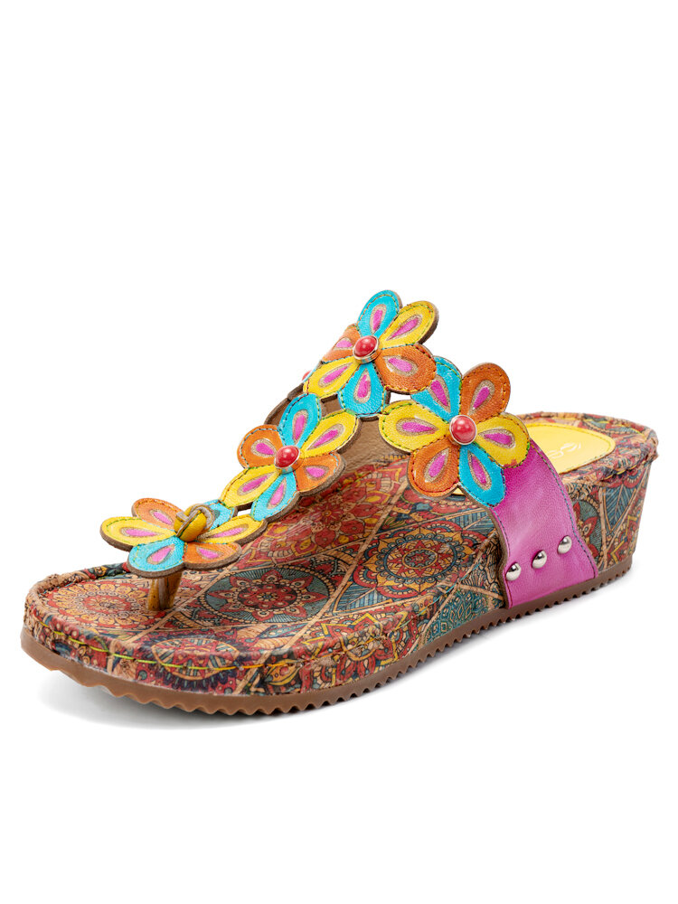 Socofy Genuine Leather Handmade Comfy Summer Vacation Bohemian Ethnic Colorful Floral Decor Flip-Flop Wedges Sandals