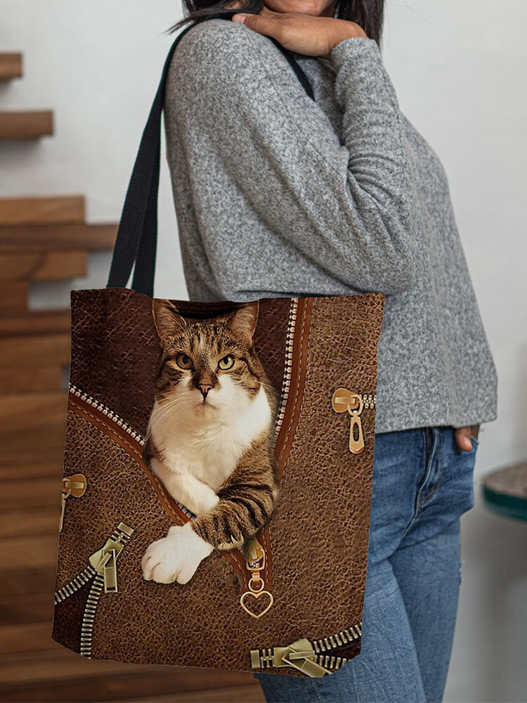 Women Felt Cat Print Handbag Shoulder Bag Tote