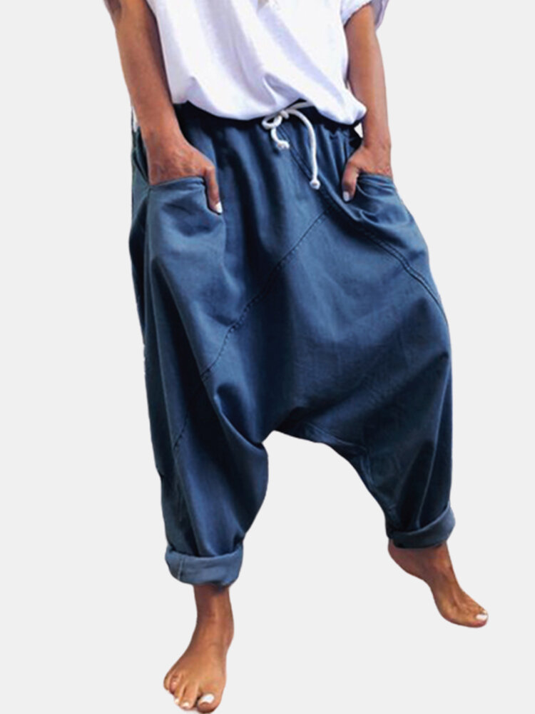 

Casual Solid Color Drop Crotch Plus Size Harem Pants, Black;blue