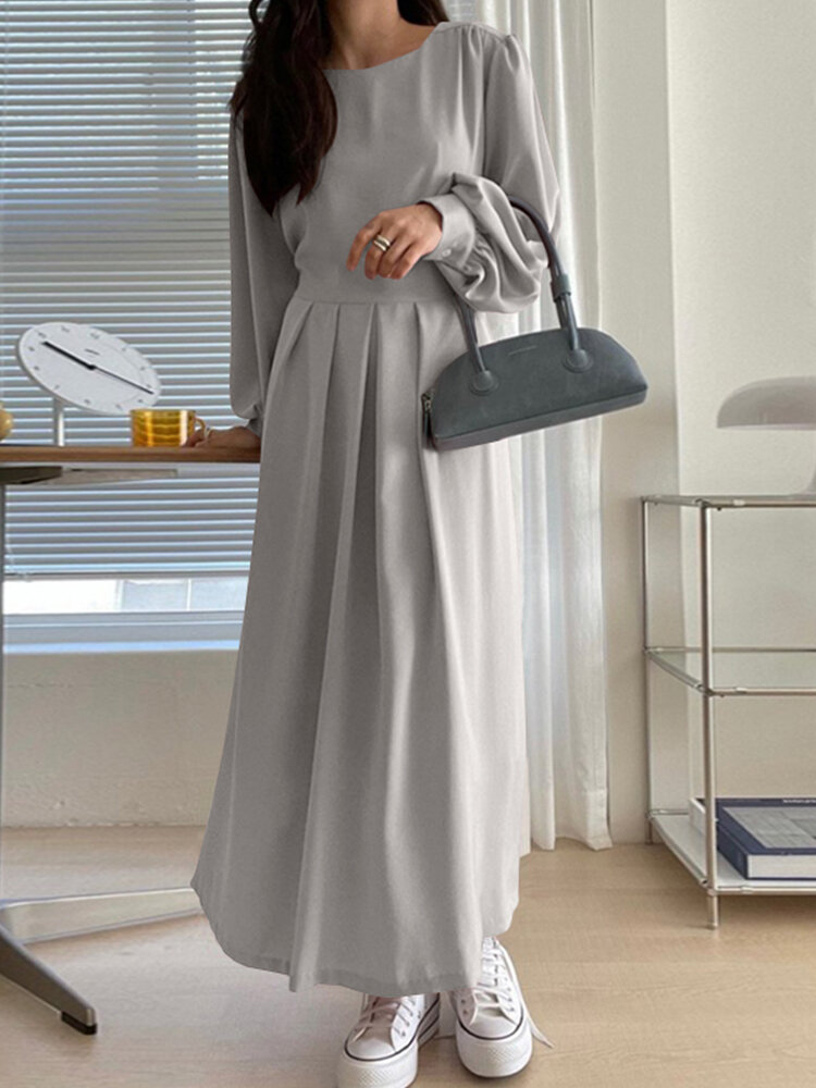 Solid Long Sleeve Pleated Crew Neck Maxi Dress For Women
