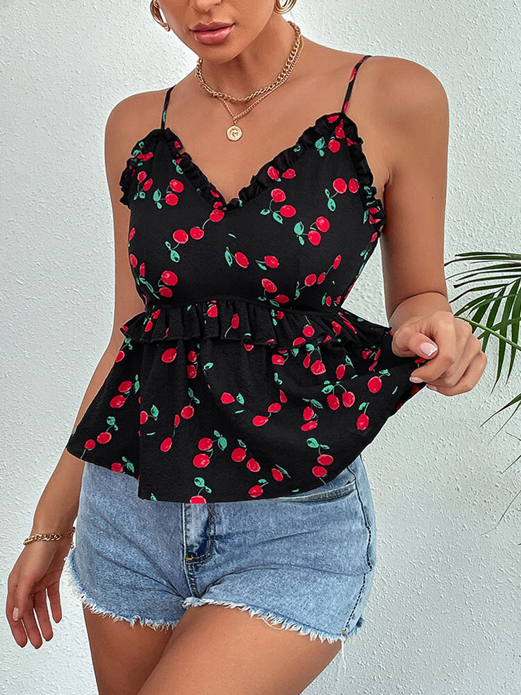 Cherry Print Tiered Adjustable Strap Open Back Cami