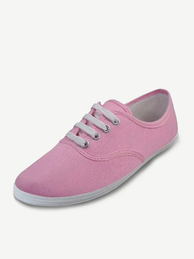 Pure Color Lace Up Canvas Flat Casual Shoes For Women
