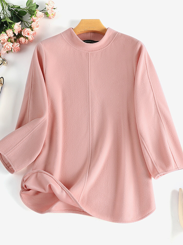 

Women Solid Seam Detail Crew Neck Casual 3/4 Sleeve Blouse, Pink;dark blue;apricot;blue