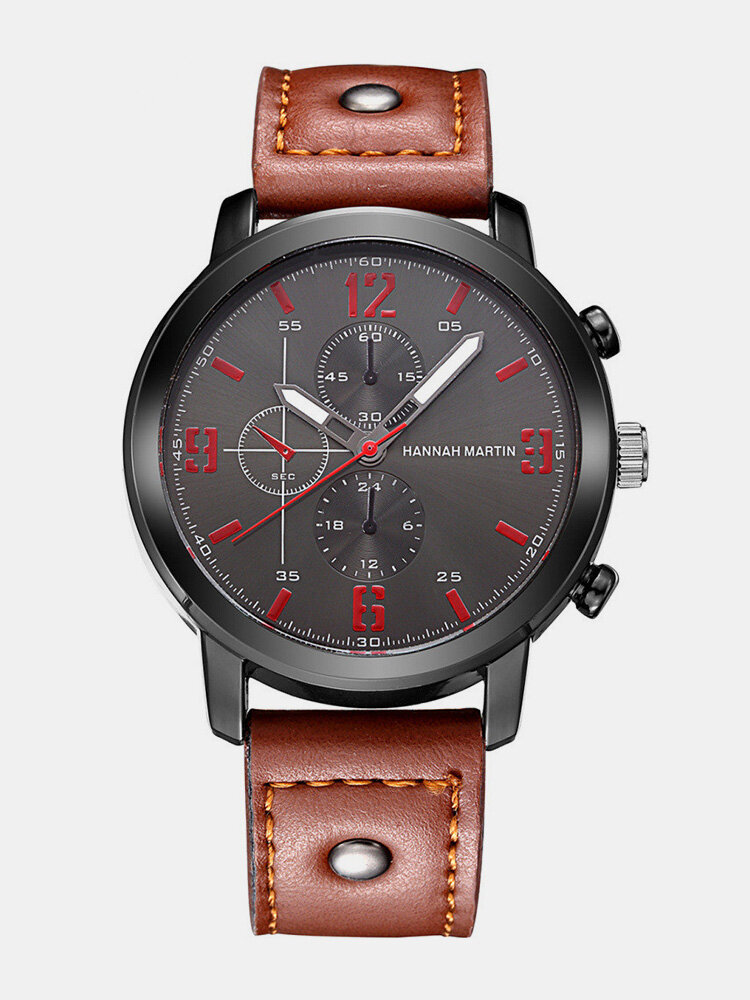 Fashion Brown Black Leather Strap Big Dial Quartz Sport Watches for Men