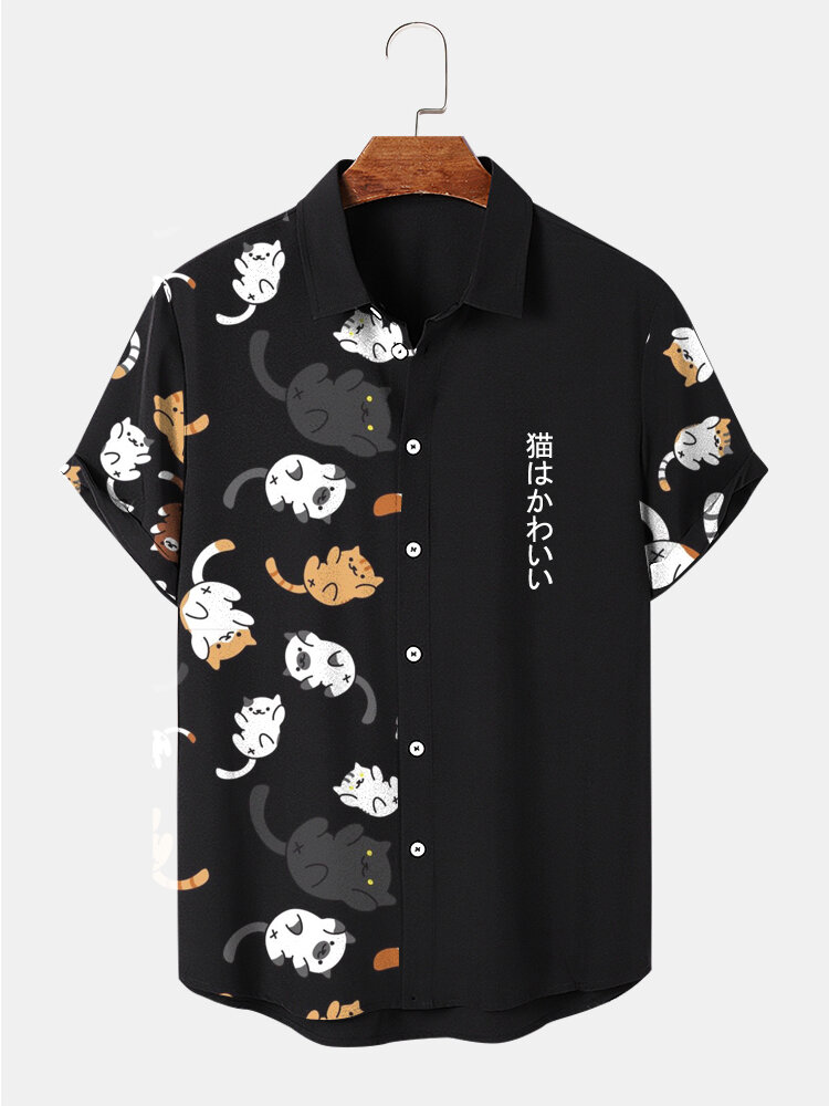 Mens Cute Cat Japanese Print Lapel Short Sleeve Shirts
