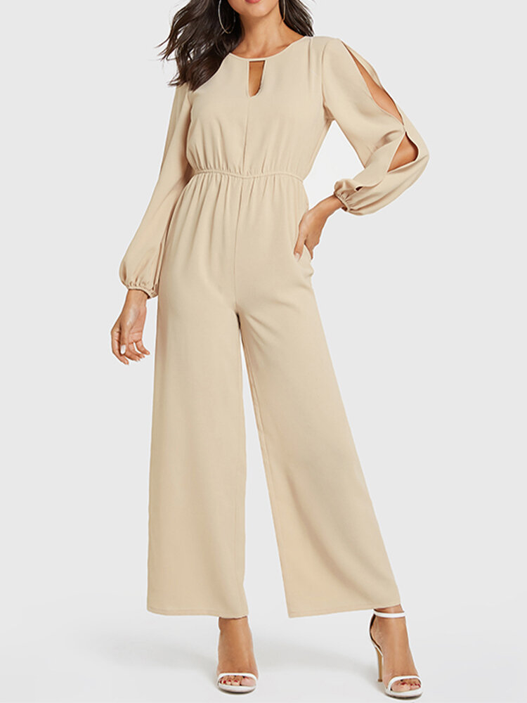 Solid Color Elastic Waist Hollow Long Sleeve Casual Jumpsuit for Women