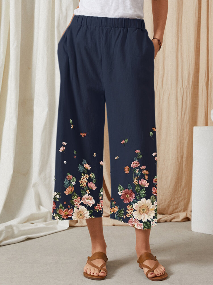 Flowers Print Elastic Waist Plus Size Casual Pants for Women