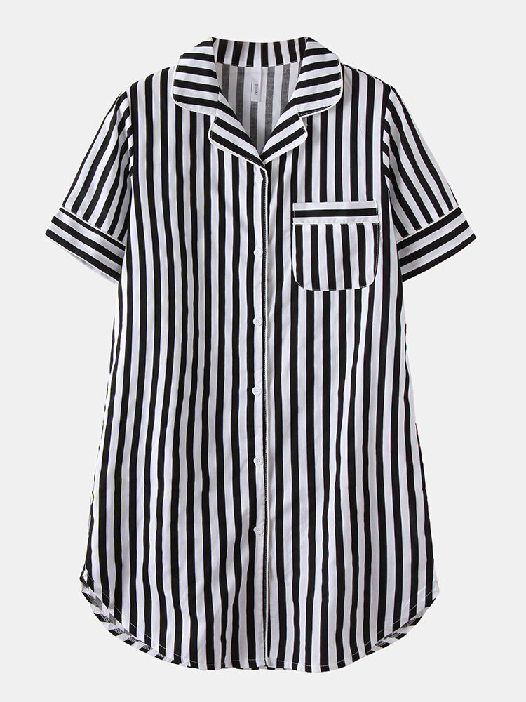 

Women Pajamas Vertical Stripes Chest Pocket Short Sleeve Home Casual T-Shirt Nightdress, Black