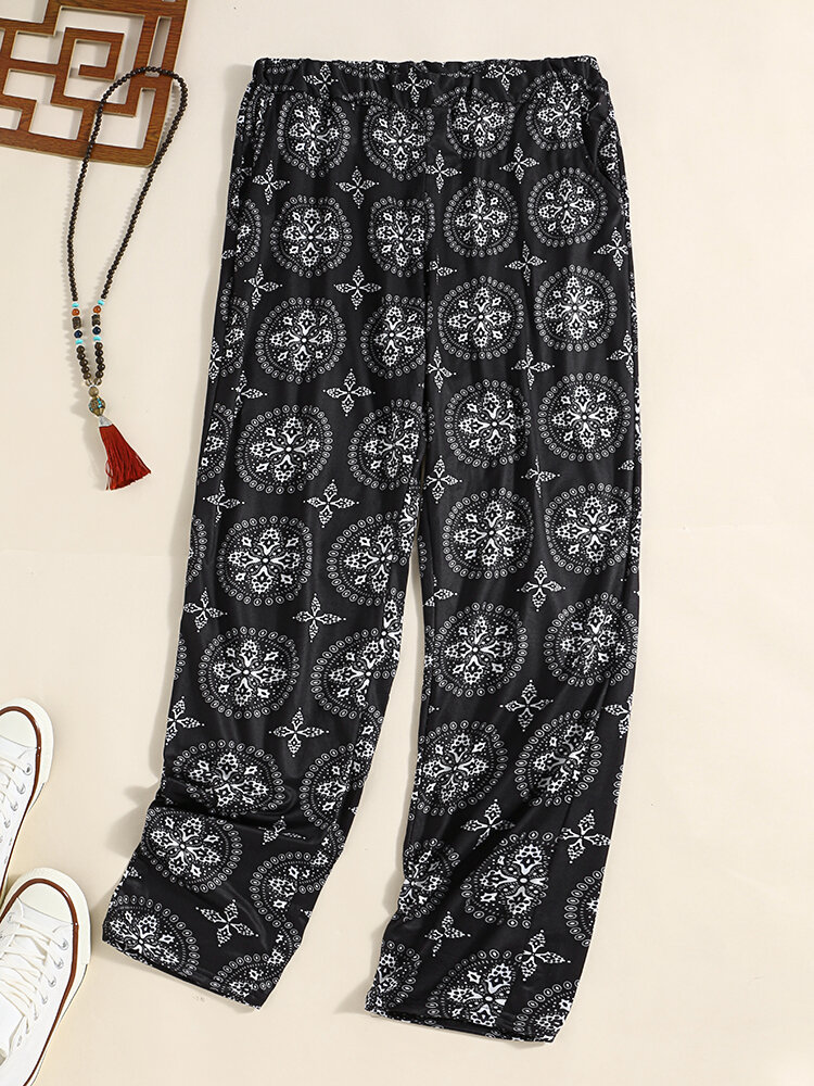 Vintage Ethnic Pattern Print Elastic High Waist Pants with Pocket