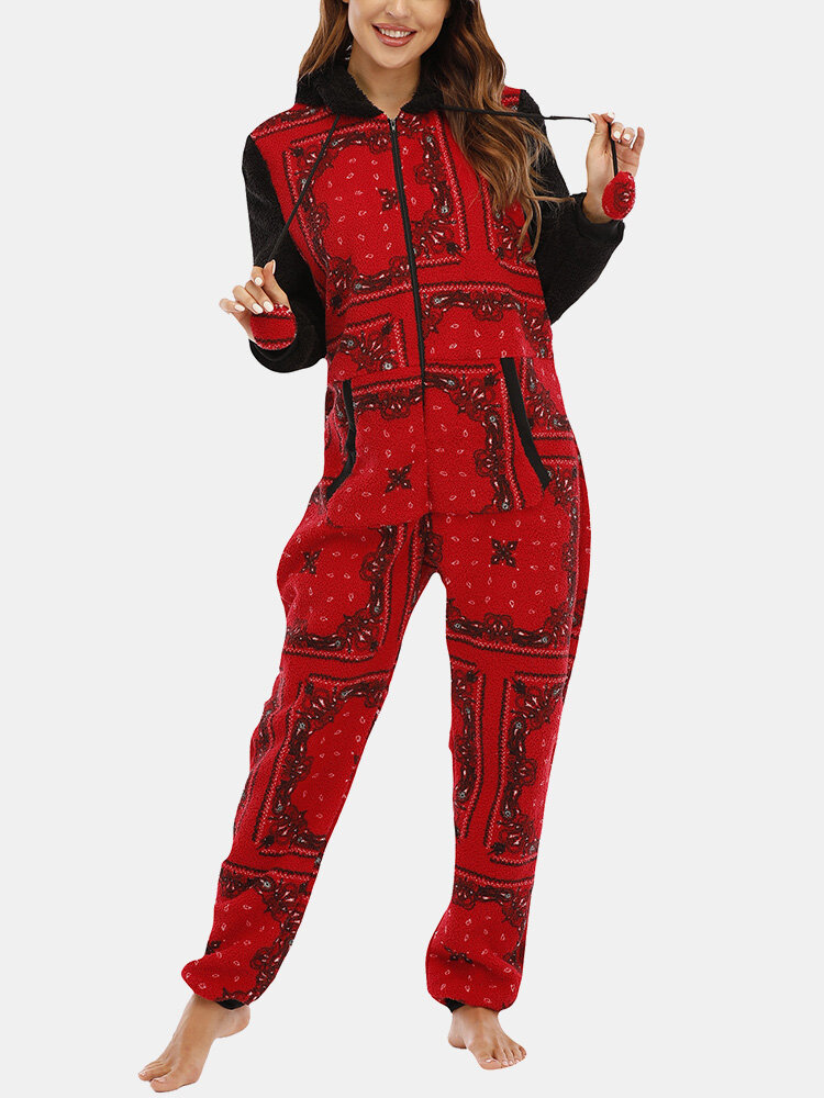 

Plus Size Women Christmas Pattern Zip Fleece Pompom Detail Hooded Onesies, Wine red