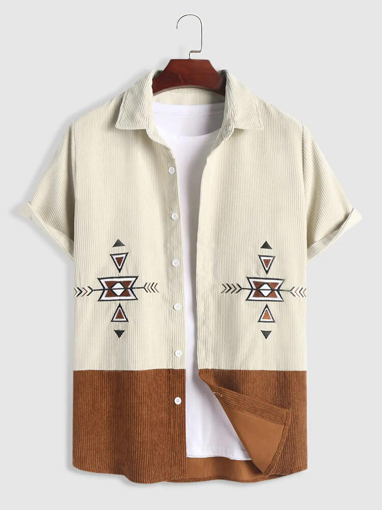 Mens Ethnic Geometric Embroidered Patchwork Corduroy Short Sleeve Shirts