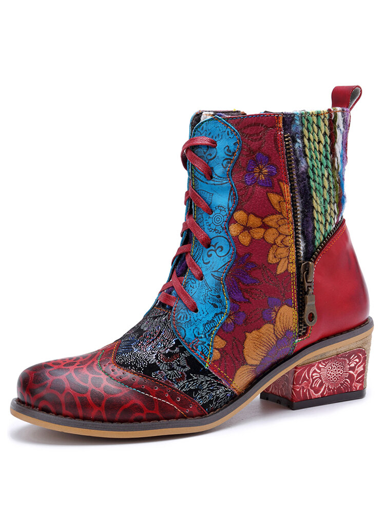Socofy Vintage Floral Color Block Leather Patchwork Woolen Side-zip Comfortable Low Heel Short Cowboy Boots