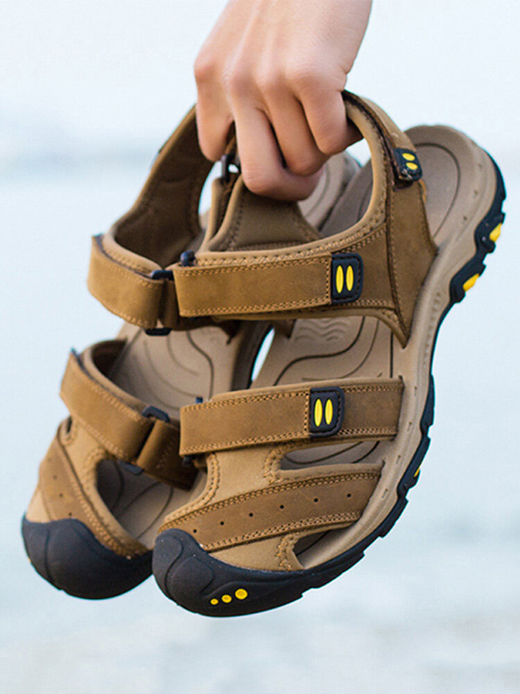 Large Size Men Leather Anti-collsion Hook Loop Casual Outdoor Sandals