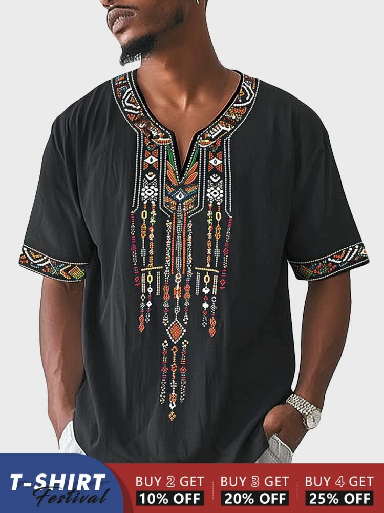 

Mens Ethnic Geometric Pattern Patchwork Notched Neck Short Sleeve T-Shirts, Black;navy