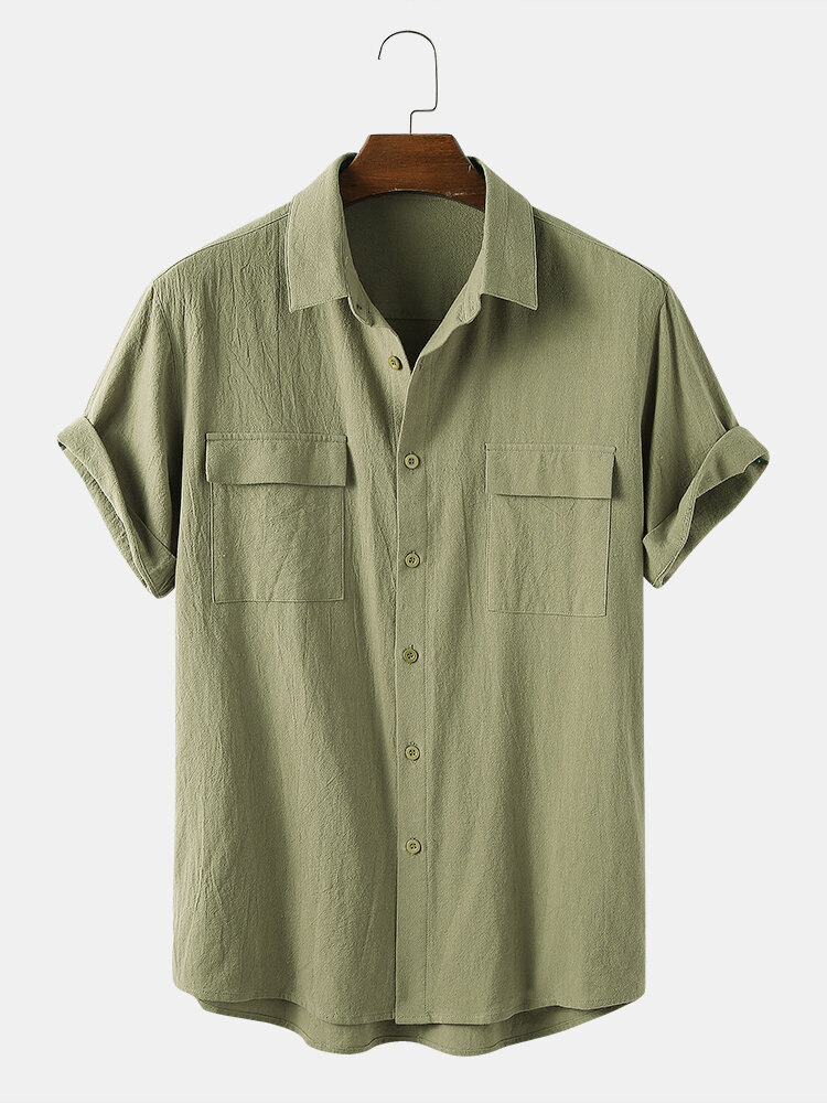 Men 100% Cotton Solid Color Double Pocket Casual Shirt