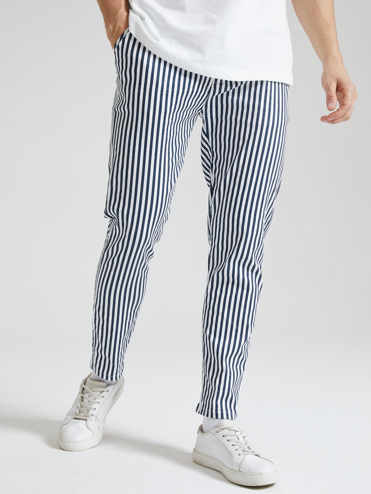 Mens Vertical Stripe Drawstring Waist Casual Pants With Pocket