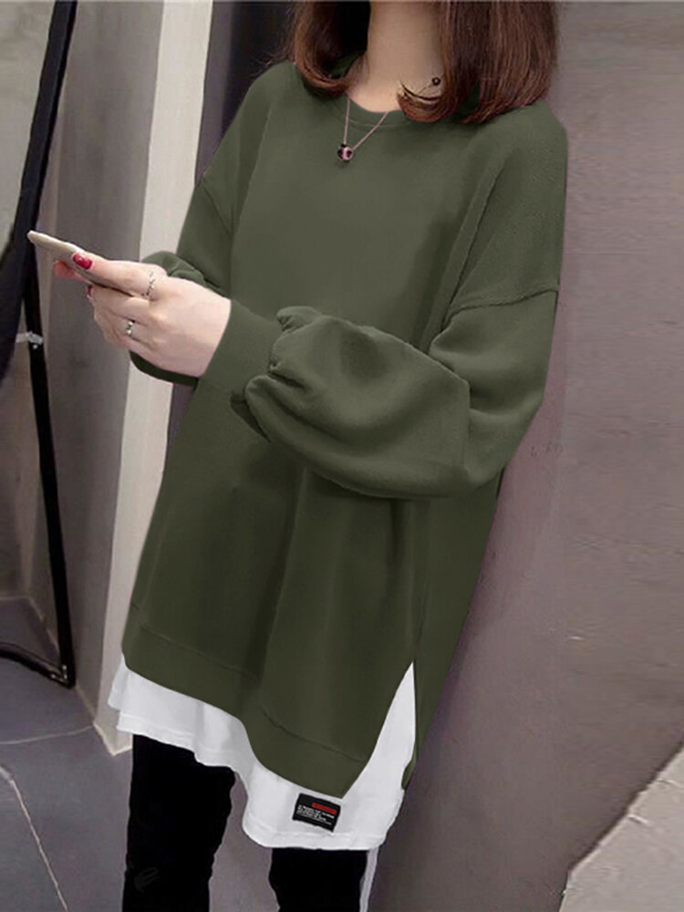 女性パッチワーク裾長袖クルーネックカジュアルスウェットシャツ