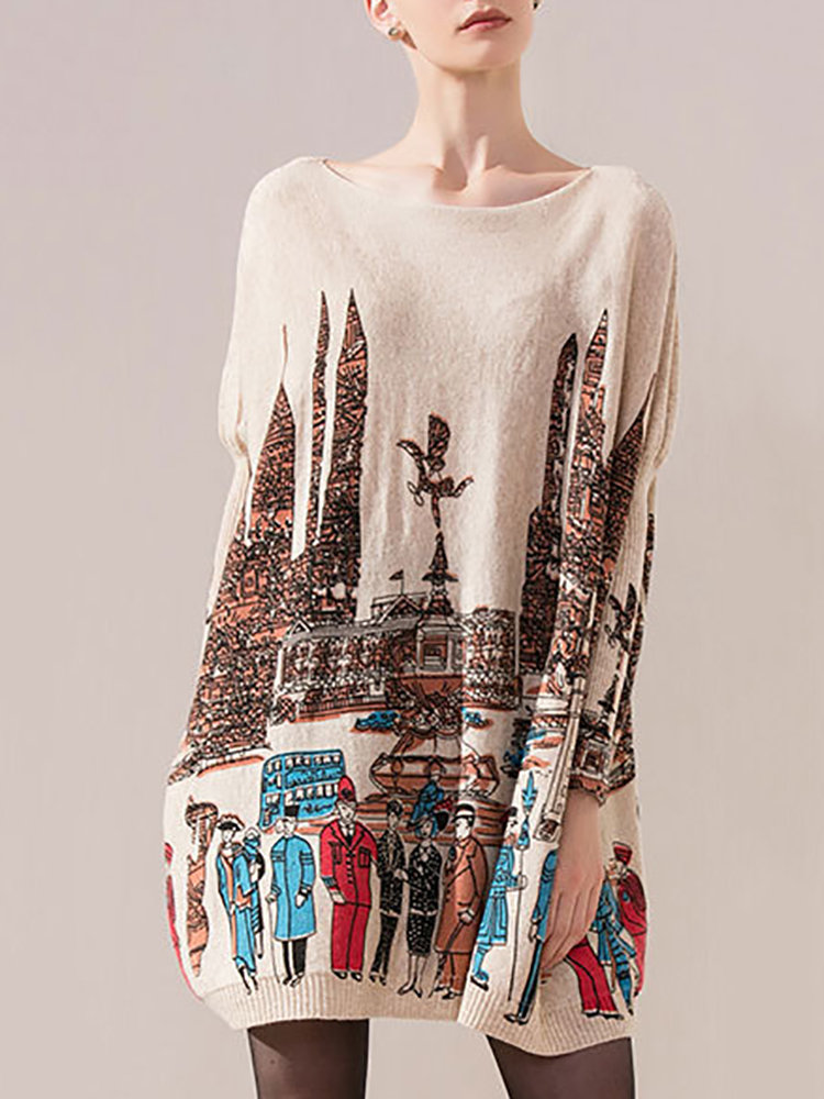 

Casual Printed Batwing Sleeve Knit Dress For Women, Beige