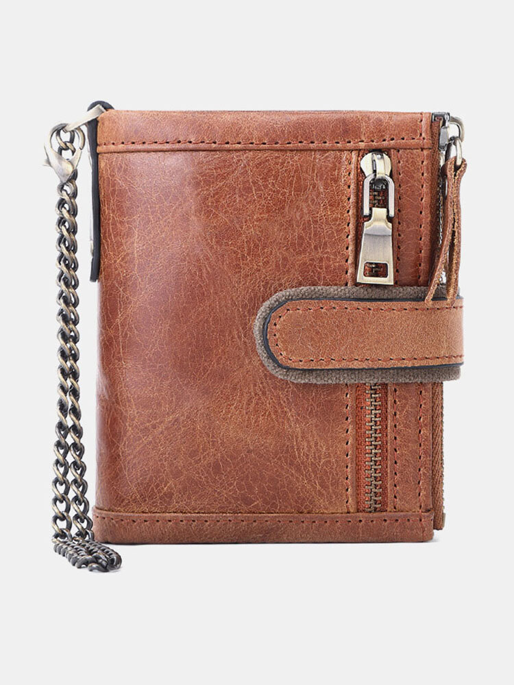 Men Genuine Leather Crazy Horse Leather RFID Anti-theft Retro Zipper Cowhide Chain Multi-slot Card Holder Wallet