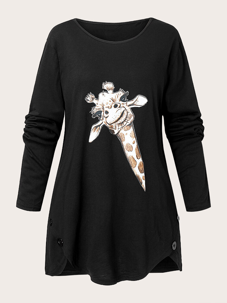 

Plus Size Casual Cartoon Giraffe Print O-neck Button Loose T-shirt, Black;gray;purple;red;khaki