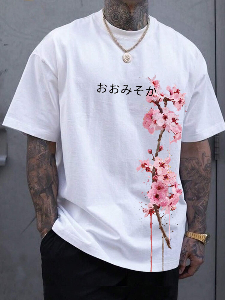 

Mens Japanese Cherry Blossoms Print Crew Neck Short Sleeve T-Shirts Winter, White
