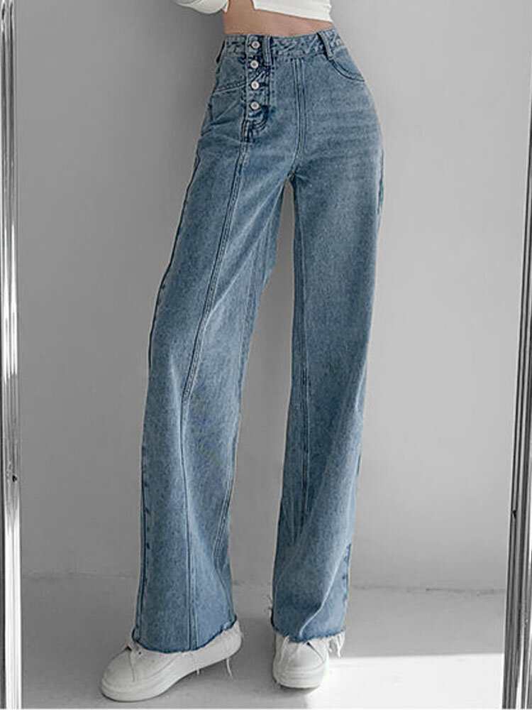 Solid Tassel Hem Button Casual Straight Denim Frayed Jeans от Newchic WW