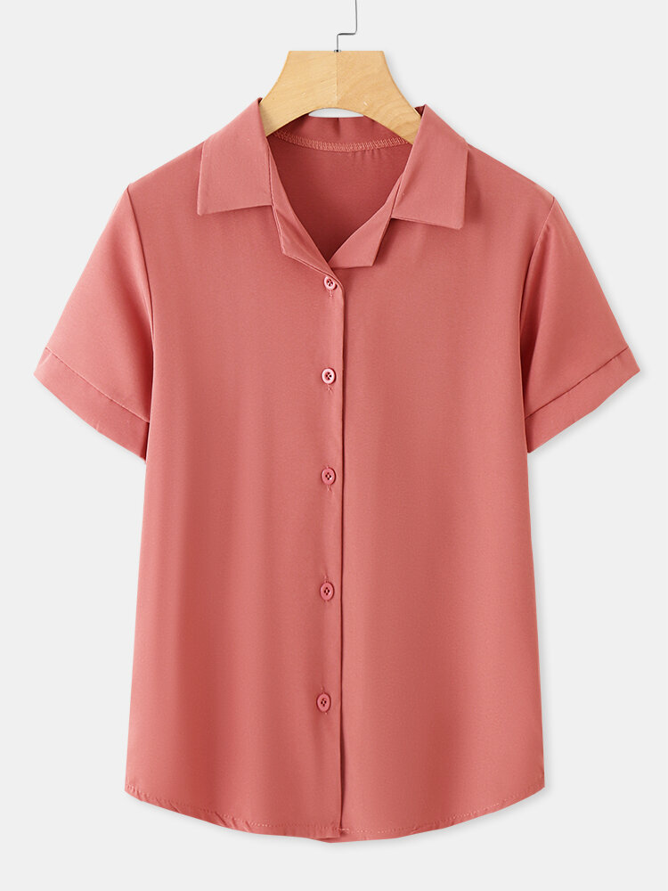 Solid Chiffon Lapel Short Sleeve Button Down Shirt Women