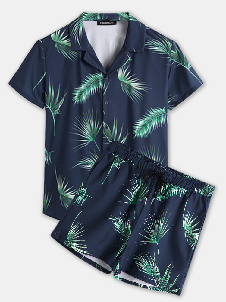 Plus Size Mens Tropical Leaf Print Revere Collar Casual Two Piece Outfits