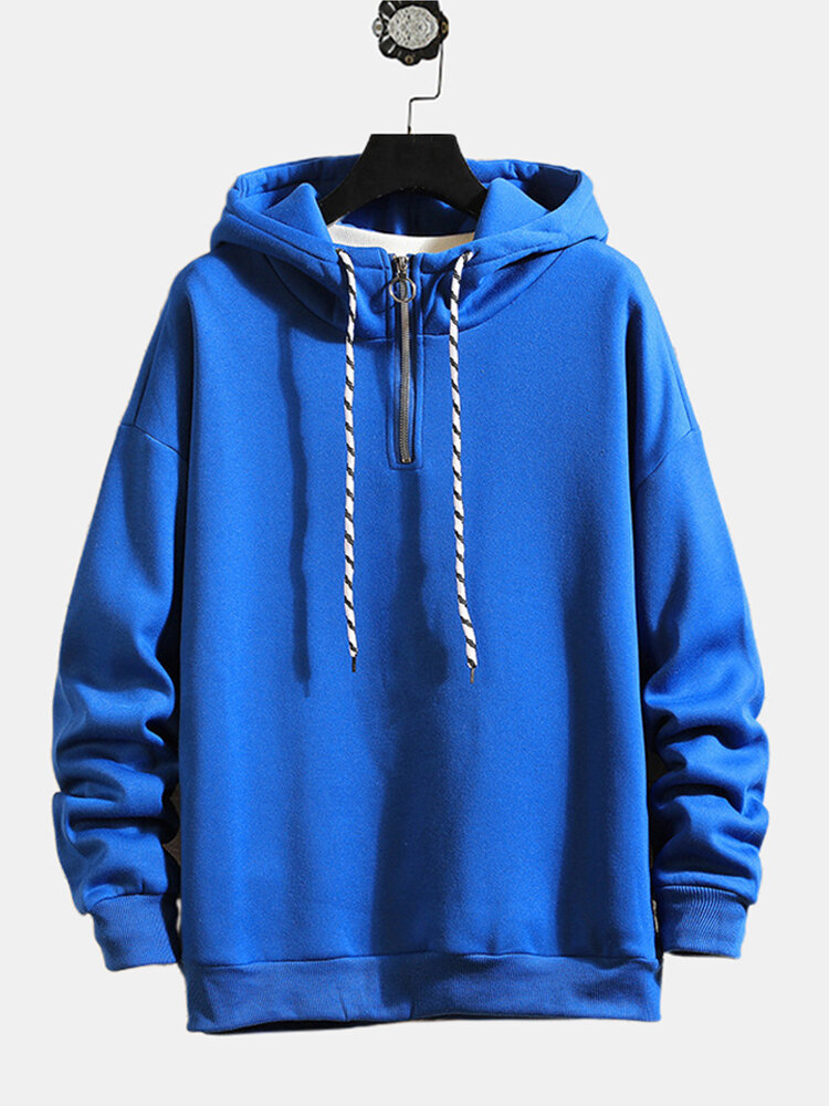 Mens Cool Solid Color Striped Drawstring Zipper Up Hoodies