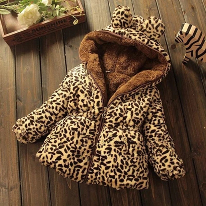 Leopard Print Girls Hooded Winter Thicken Coat For 1Y-7Y