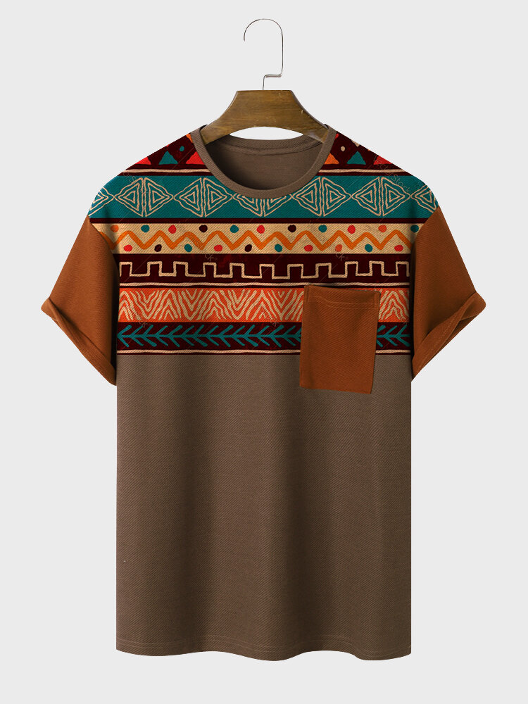 

Mens Ethnic Geometric Print Chest Pocket Patchwork Short Sleeve T-Shirts, Brown
