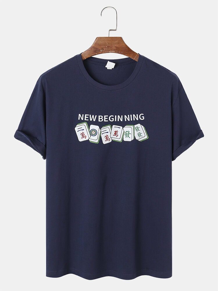 Mens 100% Cotton Mahjong Print Crew Neck Short Sleeve T-Shirt